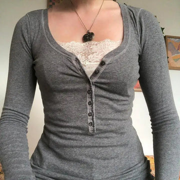 MQTIME  -  Women's Y2K Vintage Grunge Lace Patchwork 1/2 Button Pullovers Fake Two Pieces Slim Fit T-shirt Long Sleeve Tops